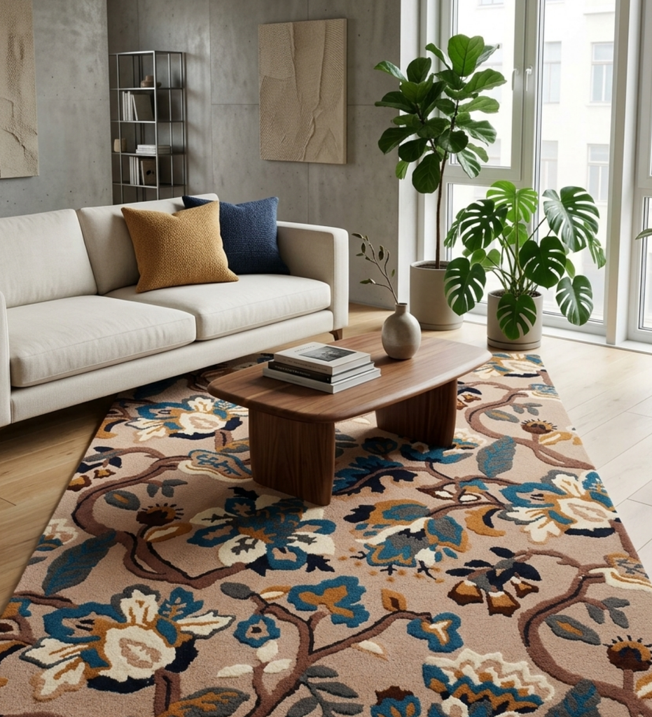 Beige Floral Hand Tufted Wool Carpet – PrestoBazaar