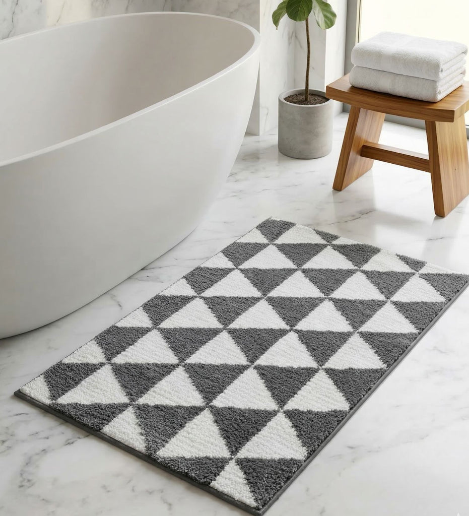 Grey and White Geometric Machine Washable Bathmat