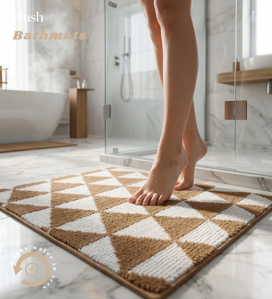Beige and White Geometric Machine Washable Bathmat