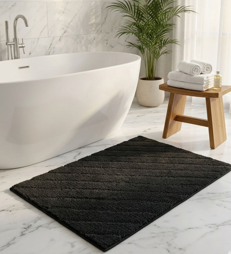 Black Stripe Machine Washable Bathmat
