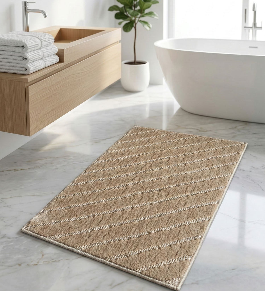 Beige Stripe Machine Washable Bathmat