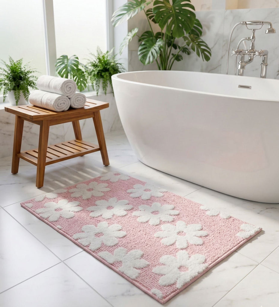 Pink and White Floral Machine Washable Bathmat