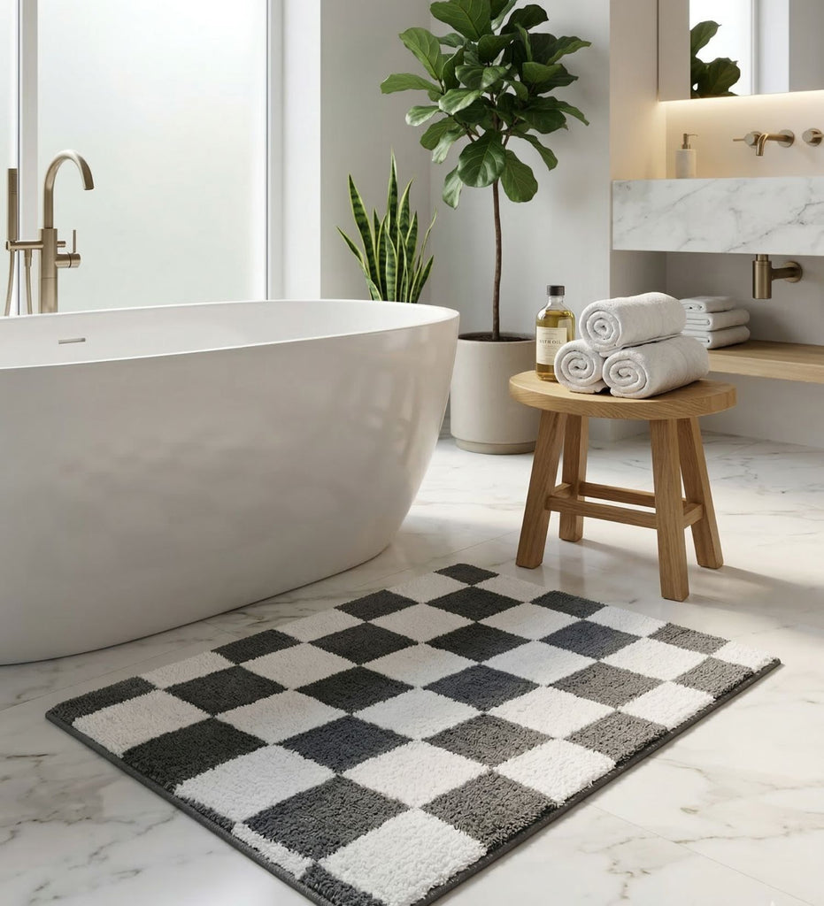 Grey and White Checks Machine Washable Bathmat