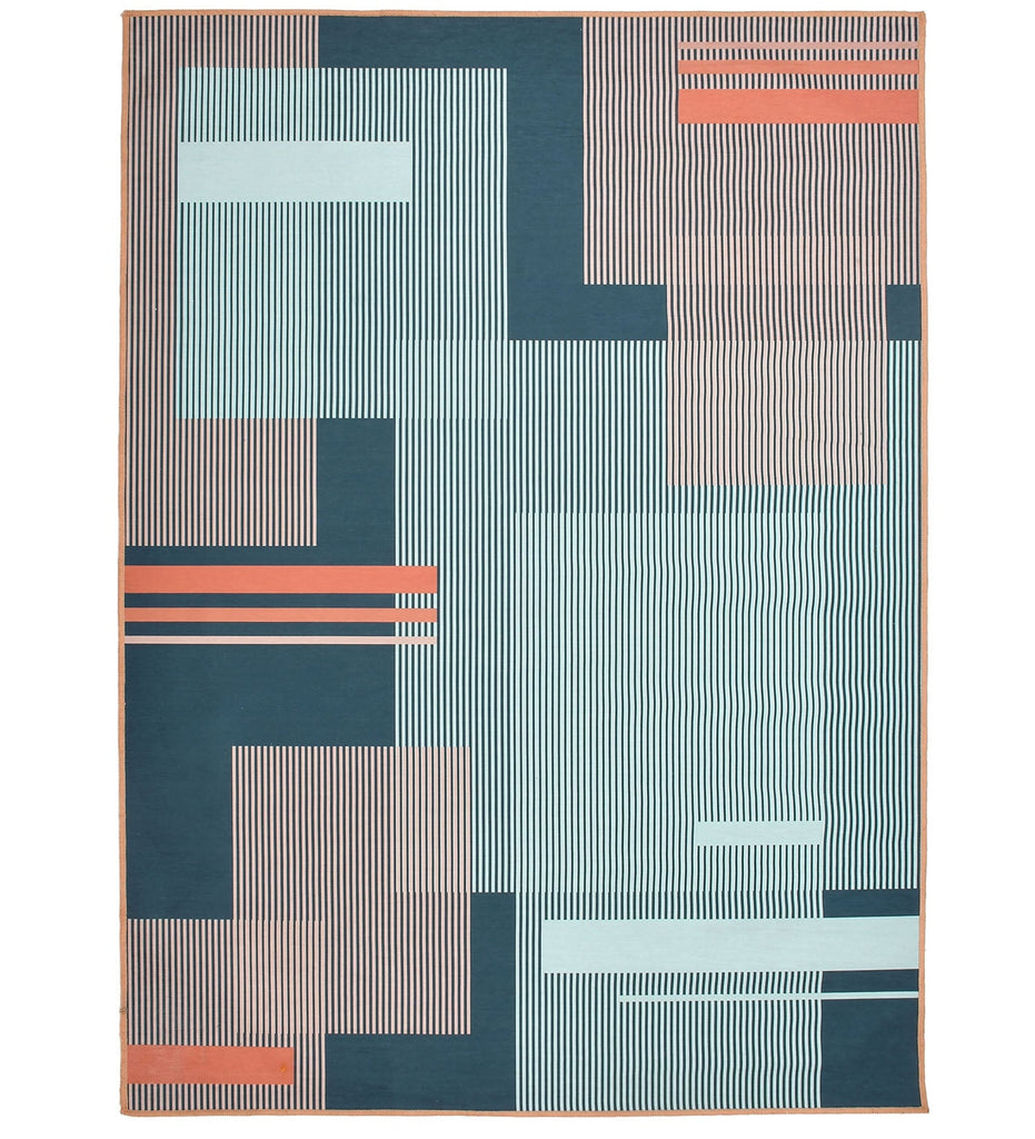 Blue Geometric Machine Washable Rug