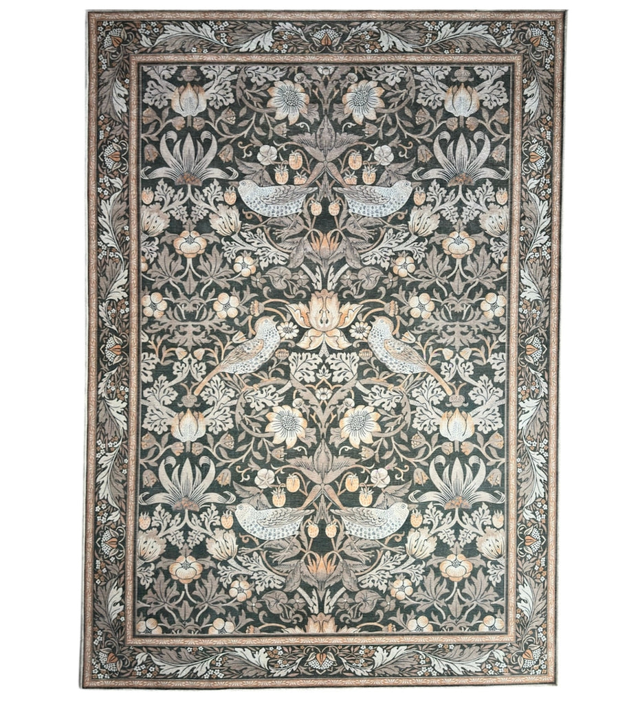 Brown-Grey Floral Machine Washable Rug