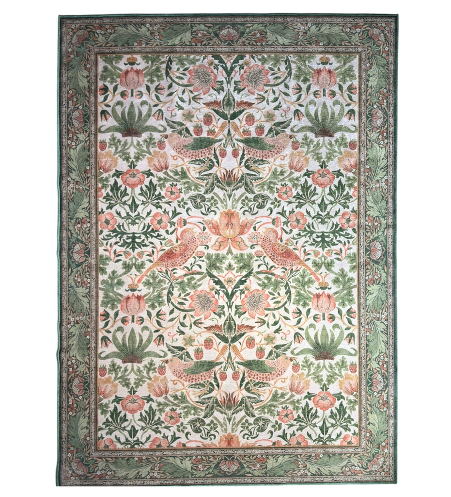 Green Floral Machine Washable Rug