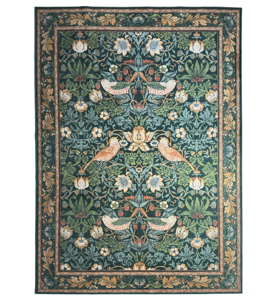 Dark Green Floral Machine Washable Rug