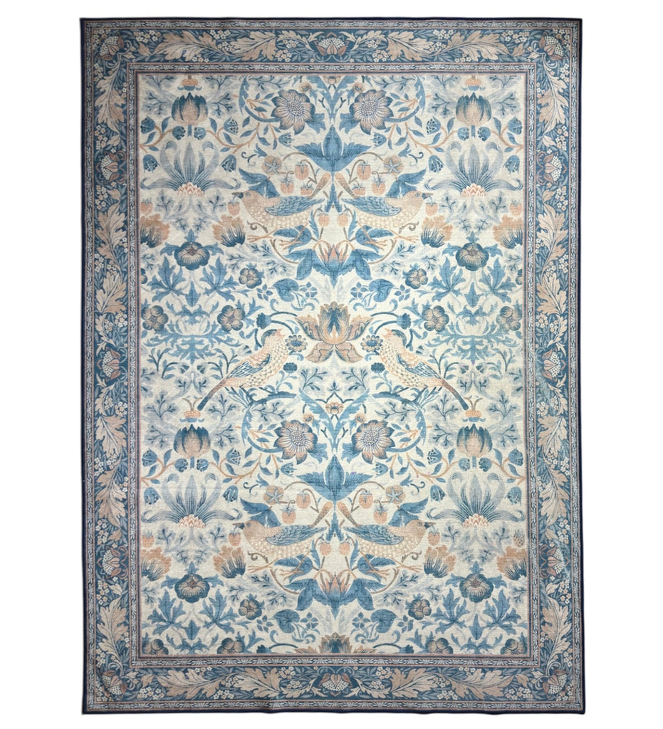 Blue Floral Machine Washable Rug