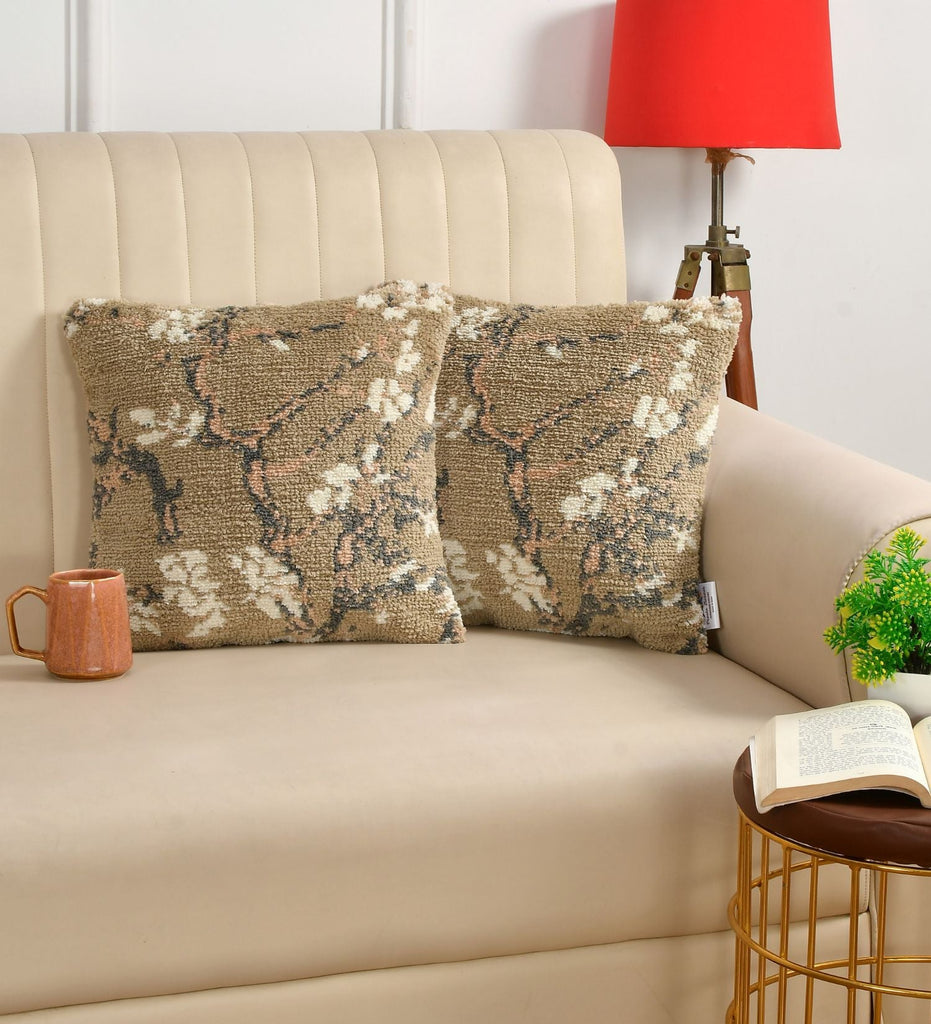 Dark Beige Floral Cushion Cover
