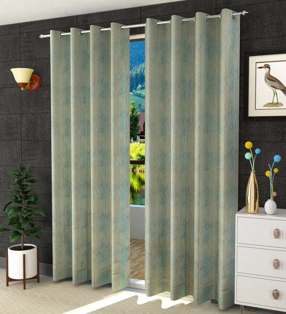 Blue Textured Jacquard Curtain - Set of 2
