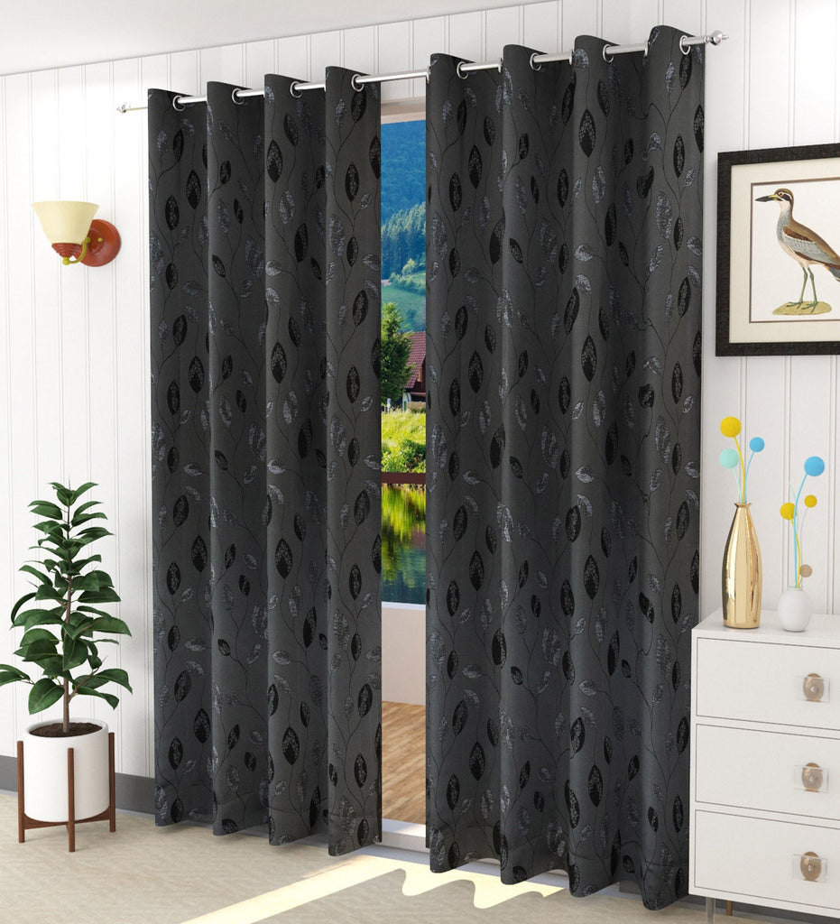 Black Floral Jacquard Curtain - Set of 2
