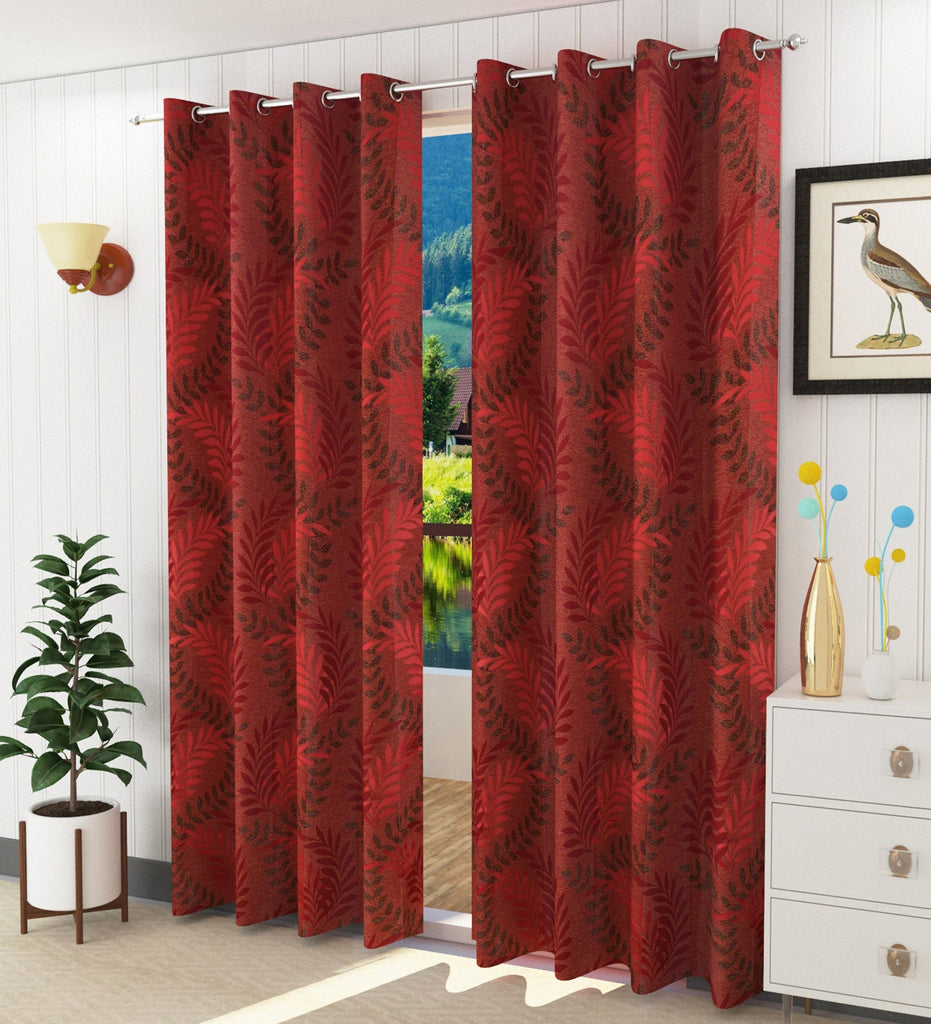 Maroon Floral Jacquard Curtain - Set of 2