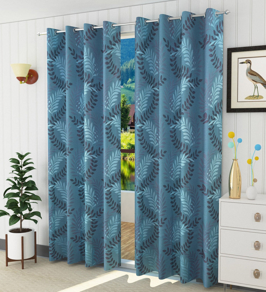 Blue Floral Jacquard Curtain - Set of 2