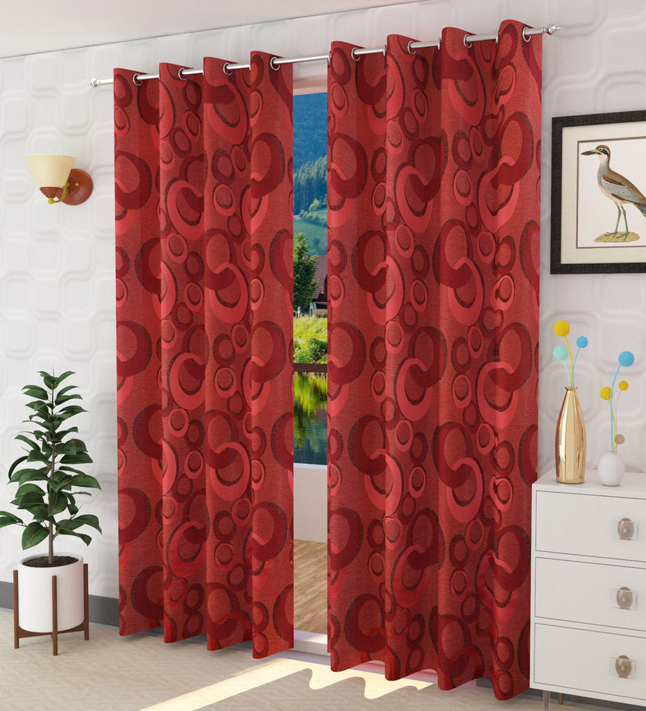 Maroon Floral Jacquard Curtain - Set of 2