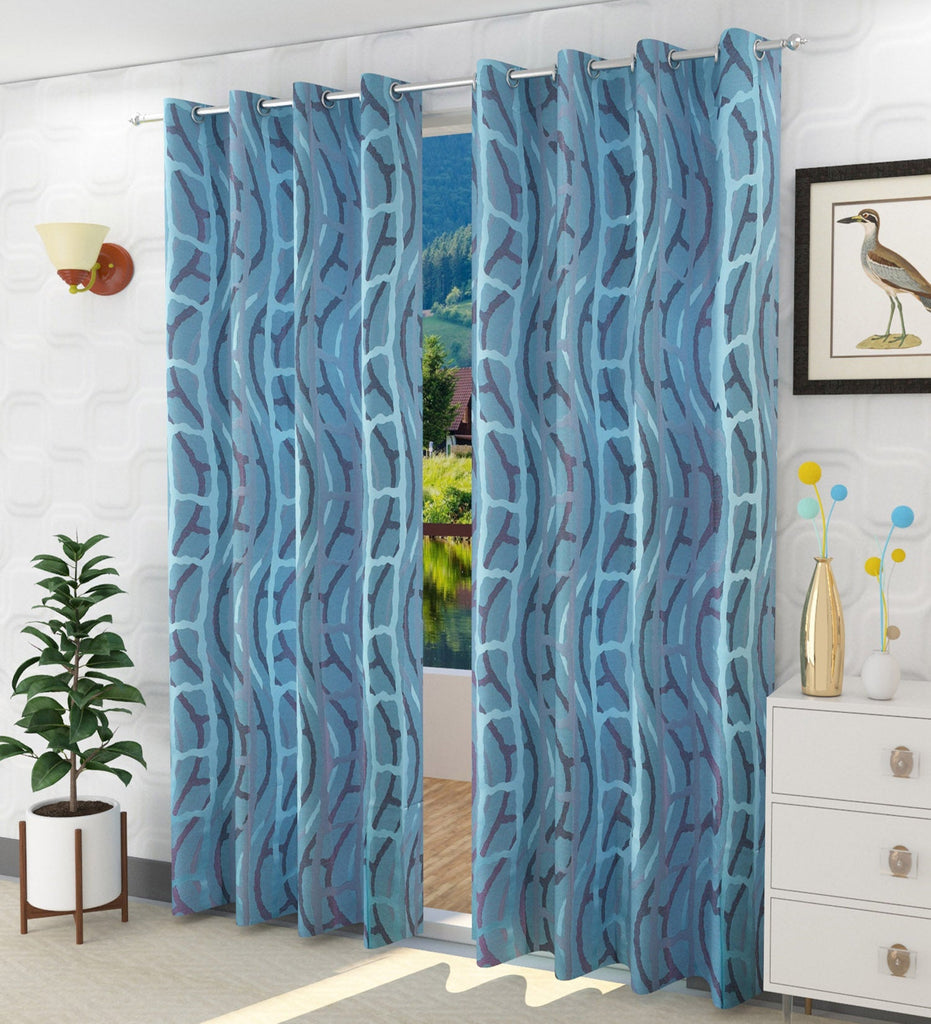 Blue Abstract Jacquard Curtain - Set of 2