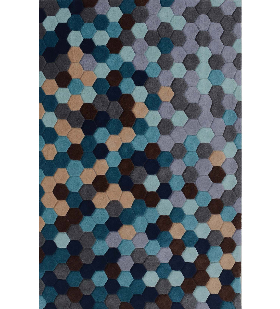 Blue Hand Tufted Geometric Wool Carpet