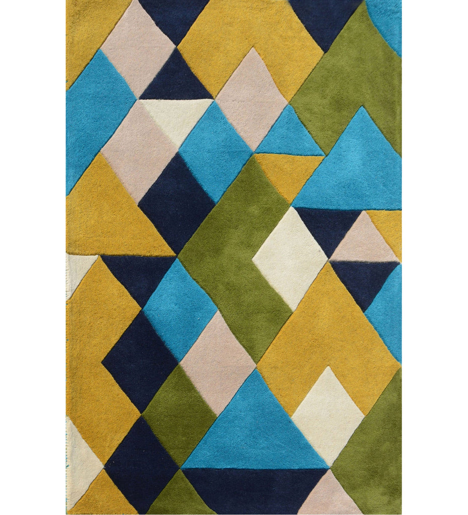 Green Hand Tufted Geometric Wool Carpet