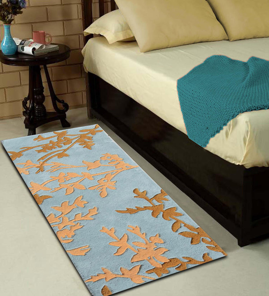 Sky Blue Floral Hand Tufted Wool Runner