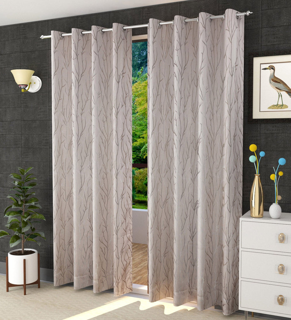 Beige Abstract Jacquard Curtain - Set of 2