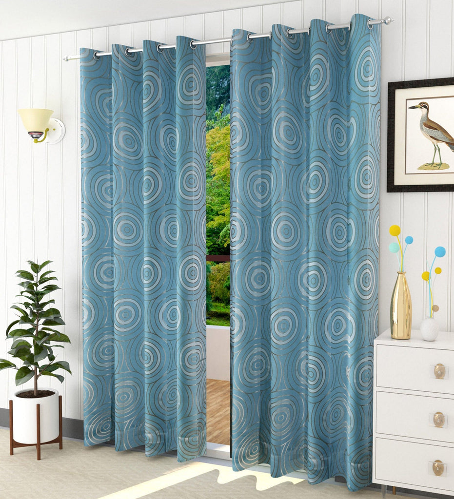 Blue Geometric Jacquard Curtain - Set of 2