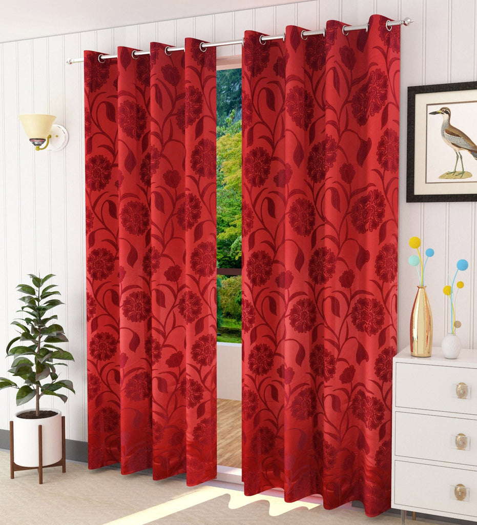 Red Floral Jacquard Curtain - Set of 2