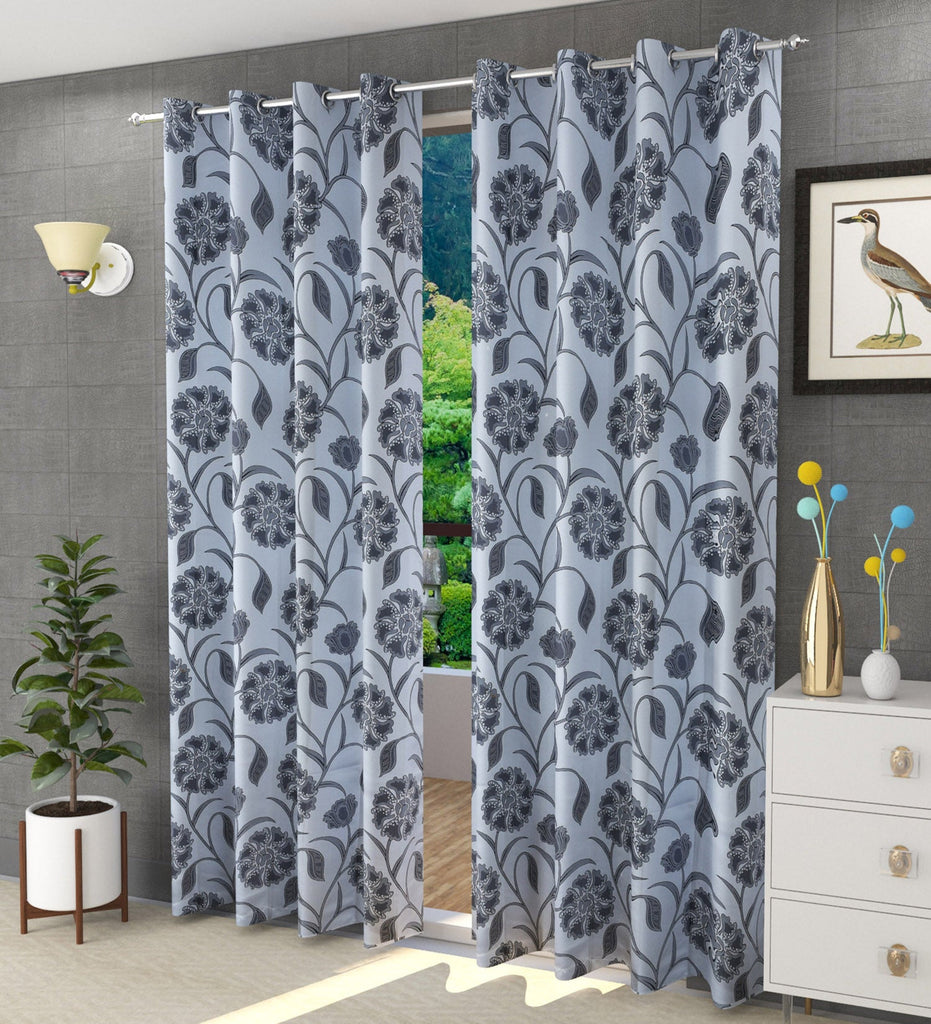 Grey Floral Jacquard Curtain - Set of 2