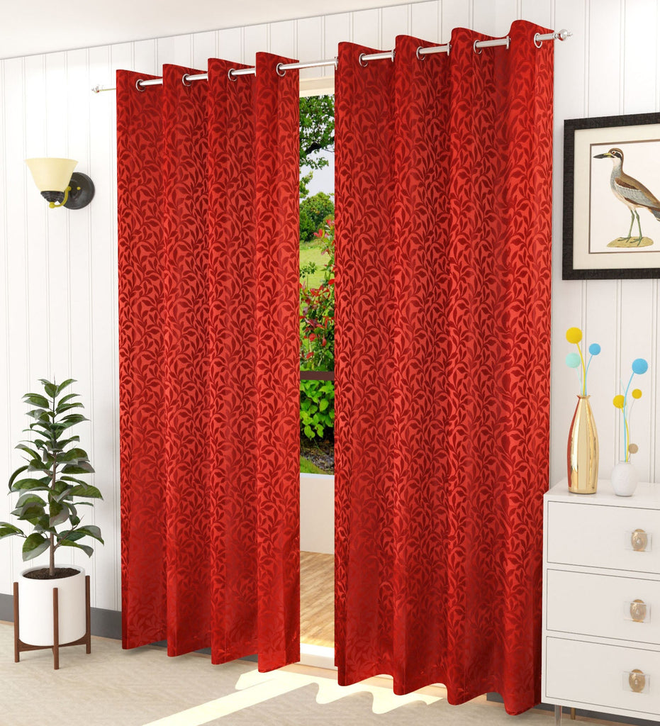 Red Floral Jacquard Curtain - Set of 2