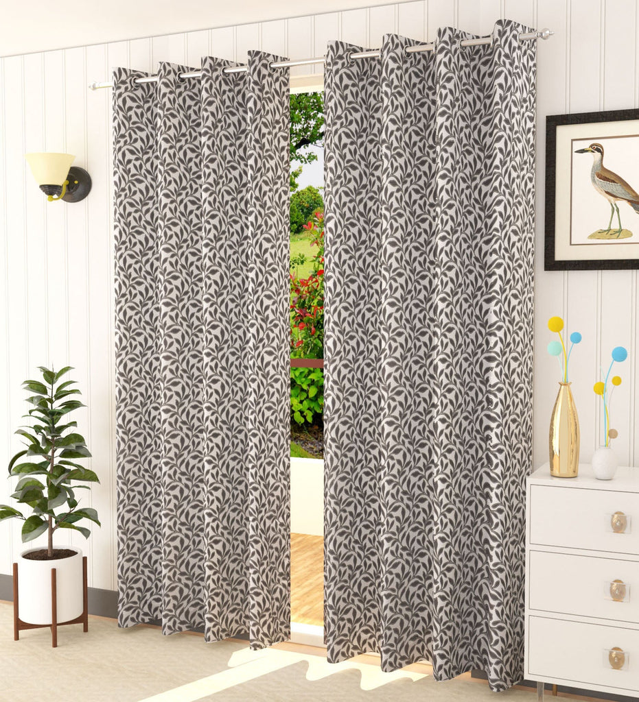 Grey Floral Jacquard Curtain - Set of 2