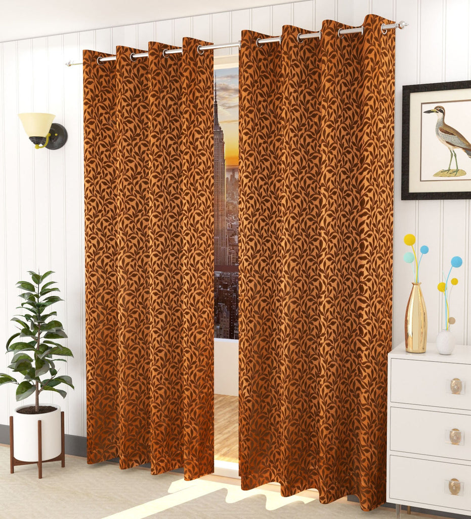 Brown Floral Jacquard Curtain - Set of 2