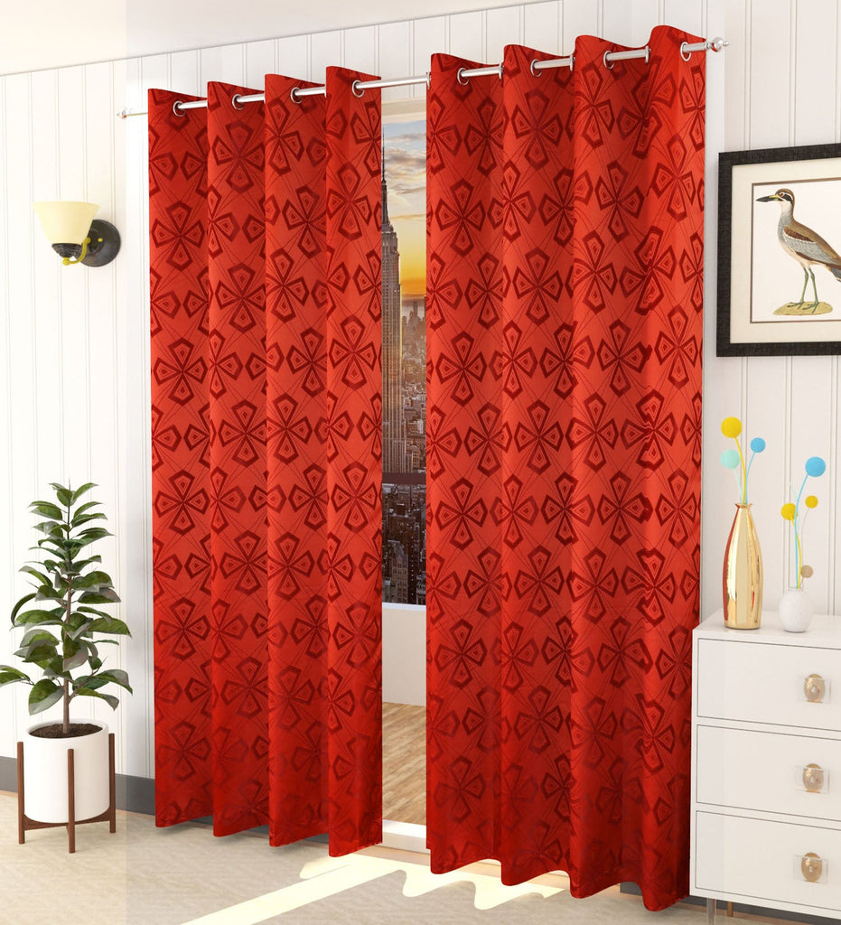 Red Abstract Jacquard Curtain - Set of 2