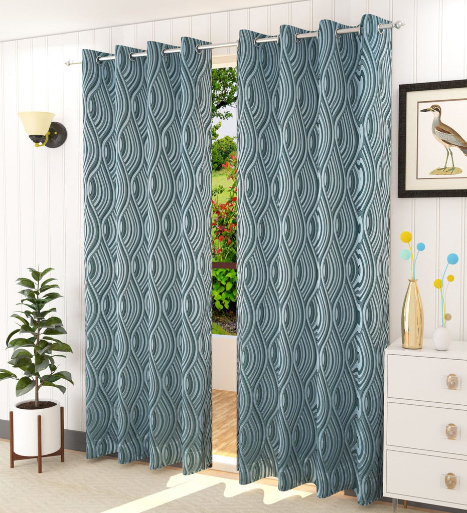 Blue Abstract Jacquard Curtain - Set of 2