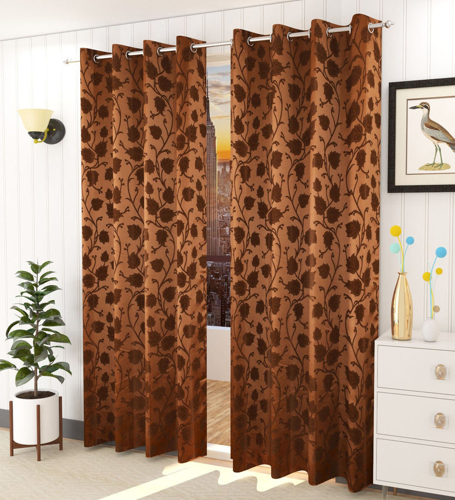 Brown Floral Jacquard Curtain - Set of 2