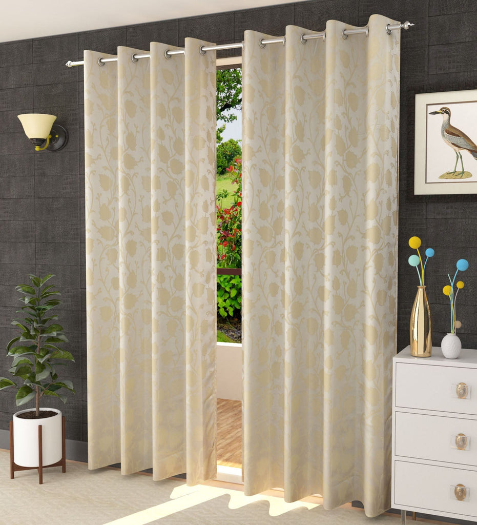 Cream Floral Jacquard Curtain - Set of 2