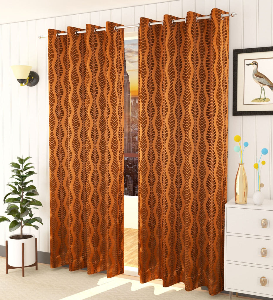 Brown Abstract Jacquard Curtain - Set of 2