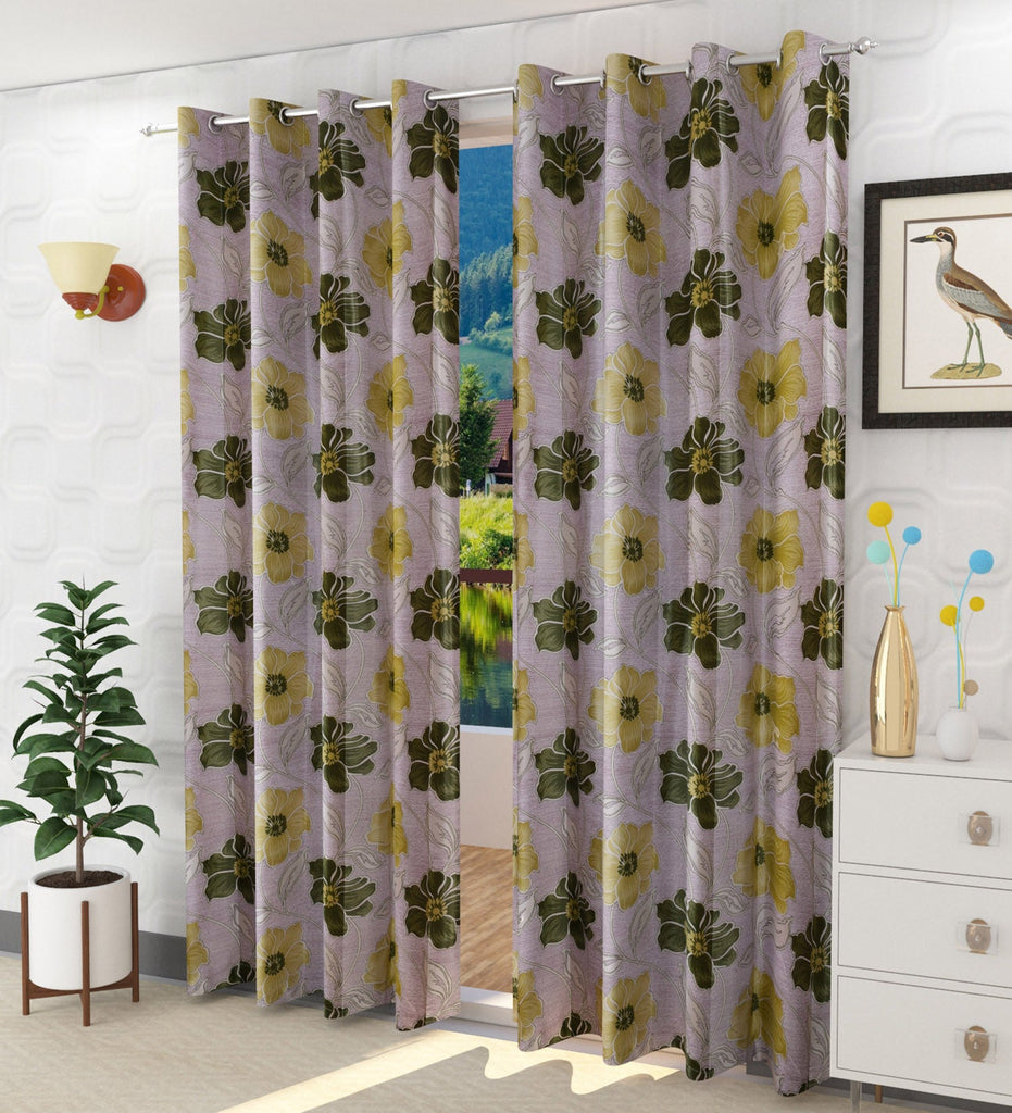 Green Floral Printed Curtain - Set of 2