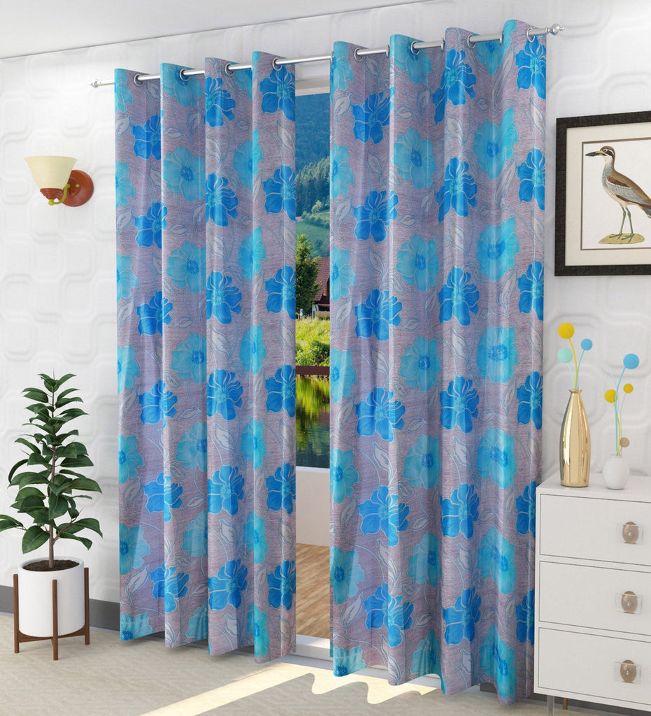 Blue Floral Printed Curtain - Set of 2