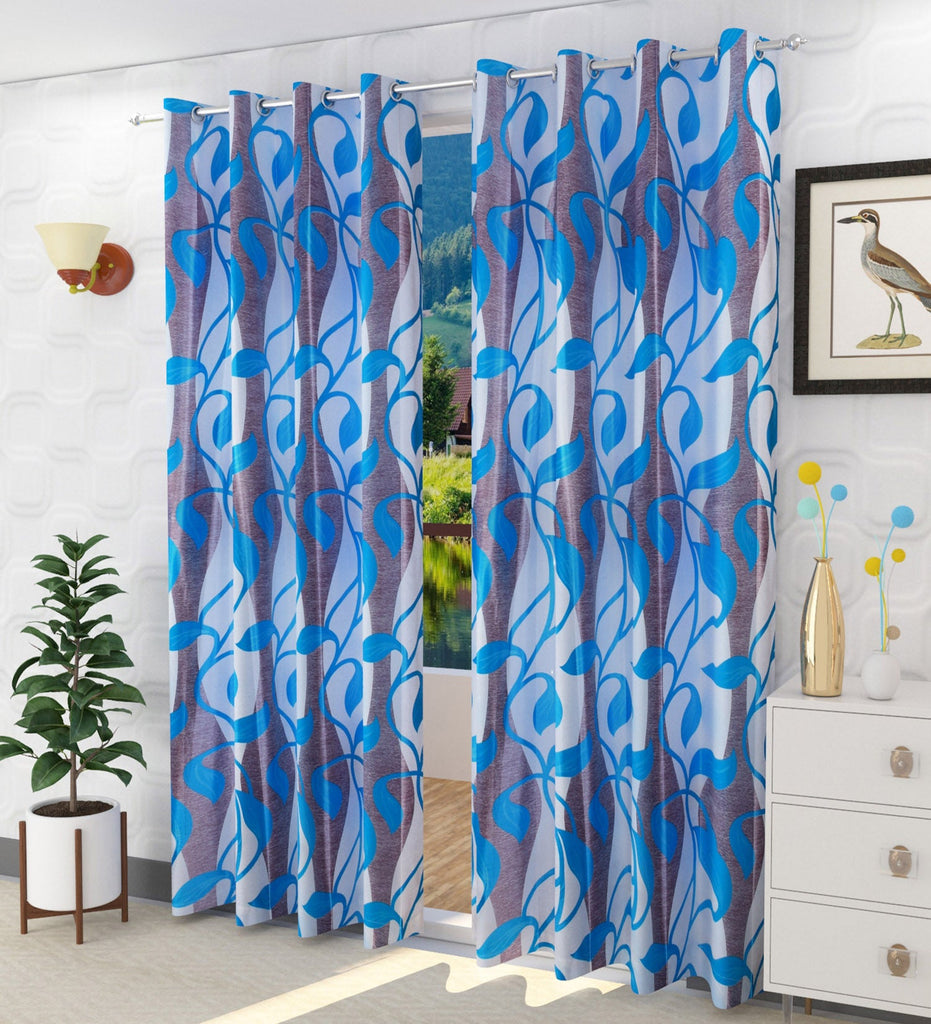 Blue Floral Printed Curtain - Set of 2
