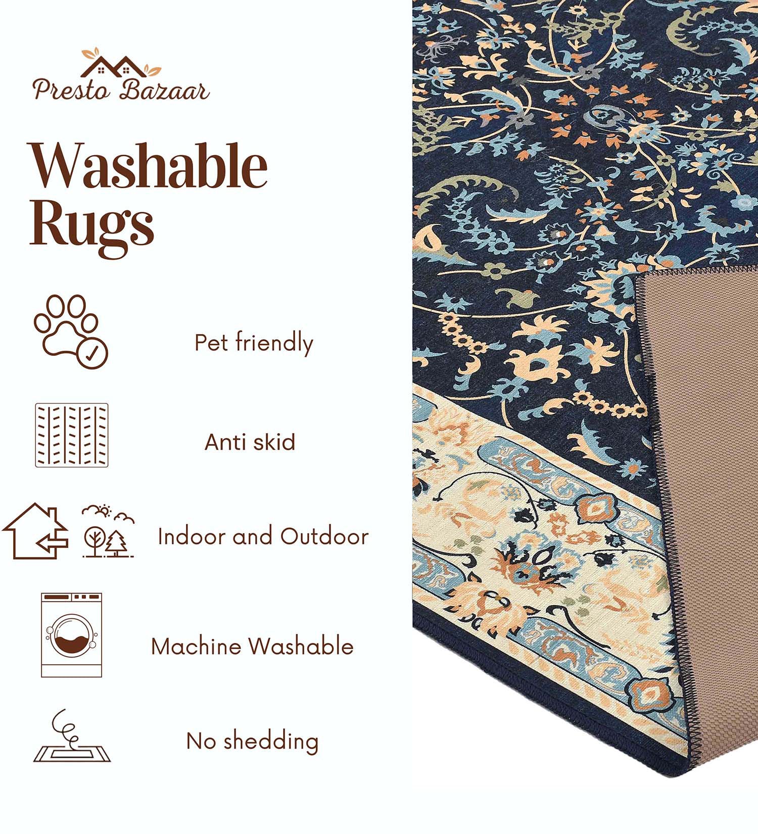 Blue Traditional Machine Washable Rug – PrestoBazaar