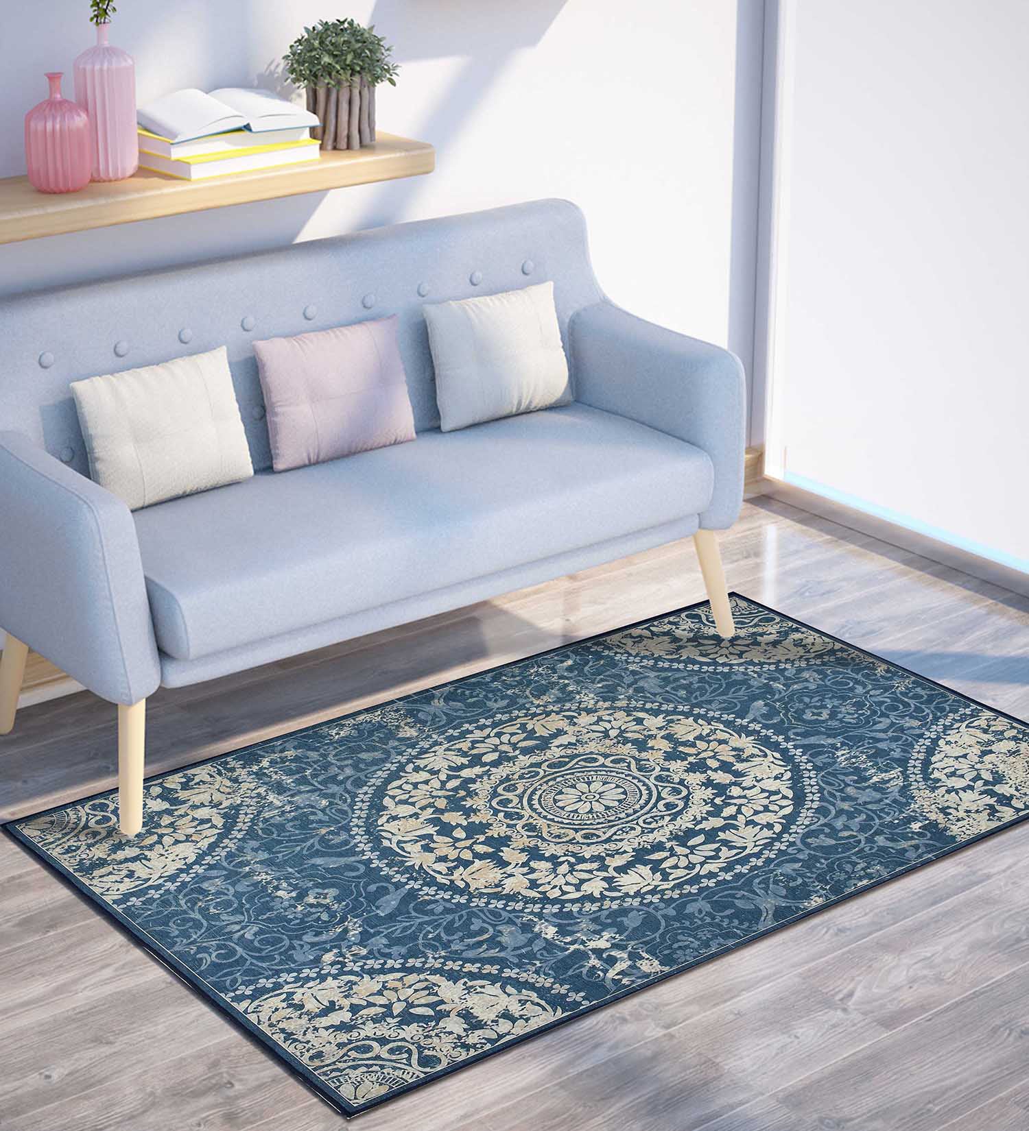 Machine Washable Small Rugs Blue Traditional Machine Washable Rug – PrestoBazaar