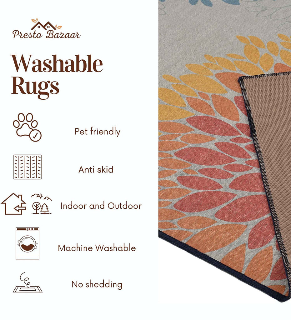 Orange Floral Machine Washable Rug – PrestoBazaar