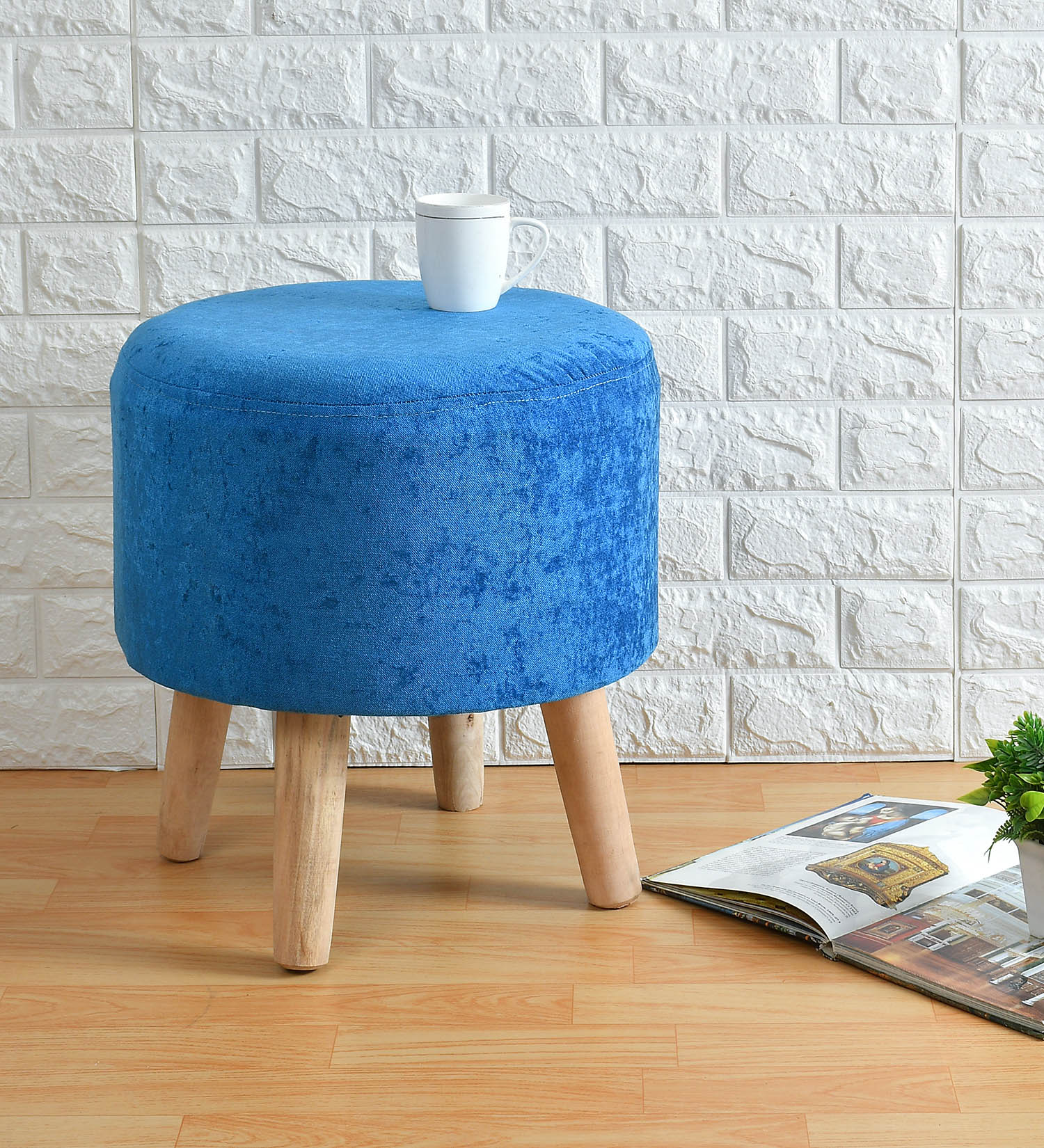 Blue Velvet Wooden Stool – PrestoBazaar