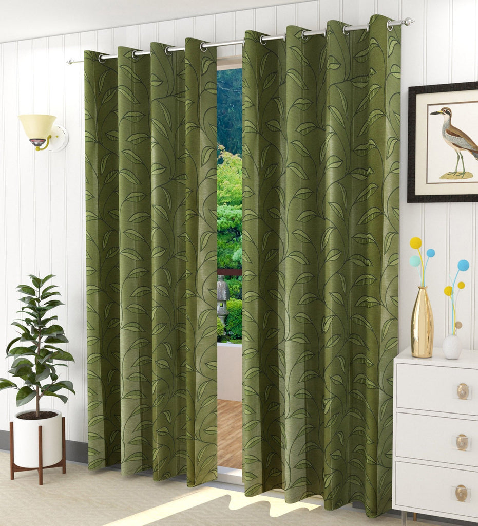 Green Floral Jacquard Curtain - Set of 2