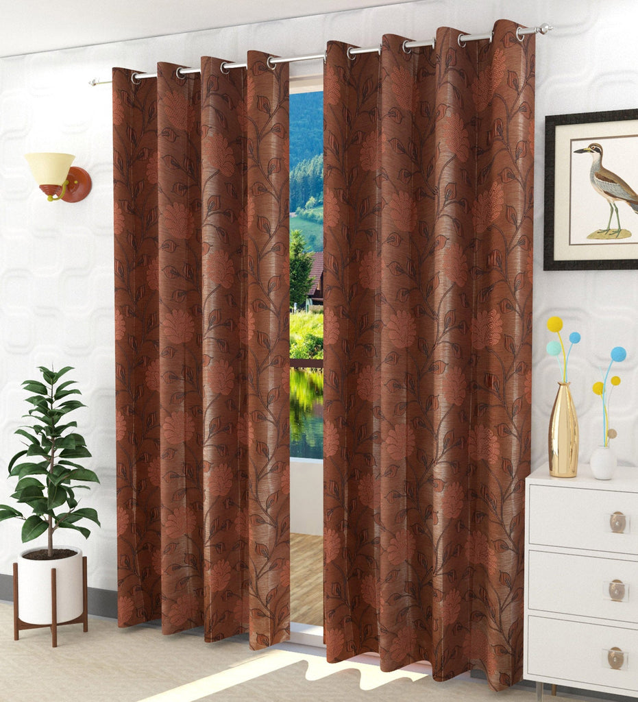 Rust Floral Jacquard Curtain - Set of 2