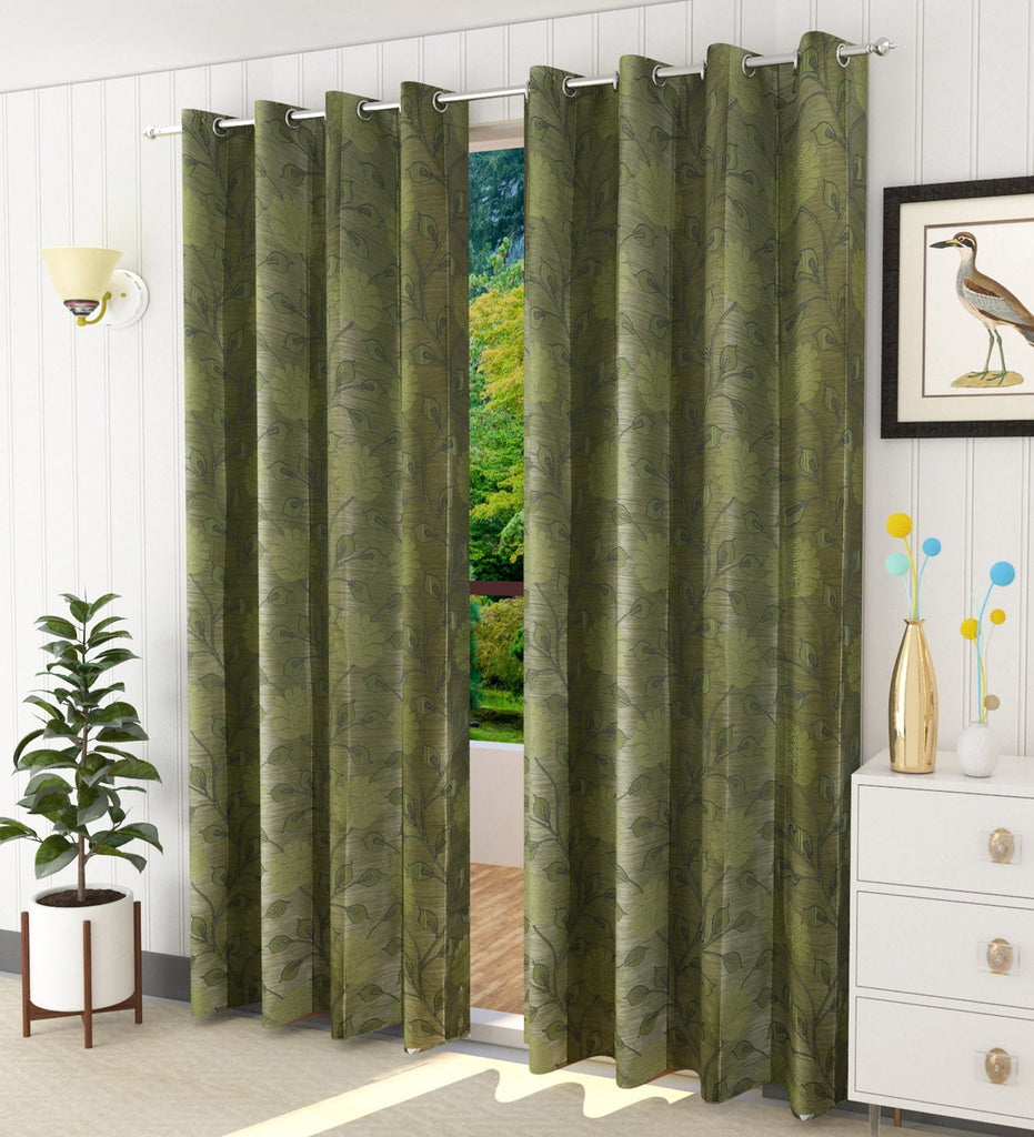Green Floral Jacquard Curtain - Set of 2